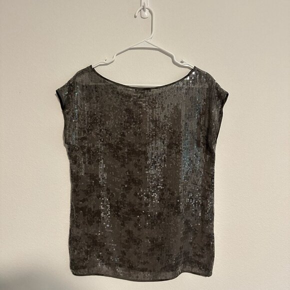 Eileen Fisher Women's Rye Clear Sequins Shimmer Short Sleeve Top XS Gray Silver - Picture 2 of 7